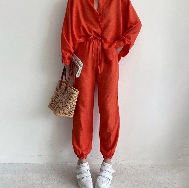 Cotton Button-Shirt Homewear Set Long Pants Soft