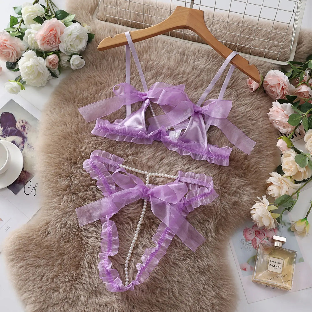 Bead and Bow Thong Adjustable Lingerie Set