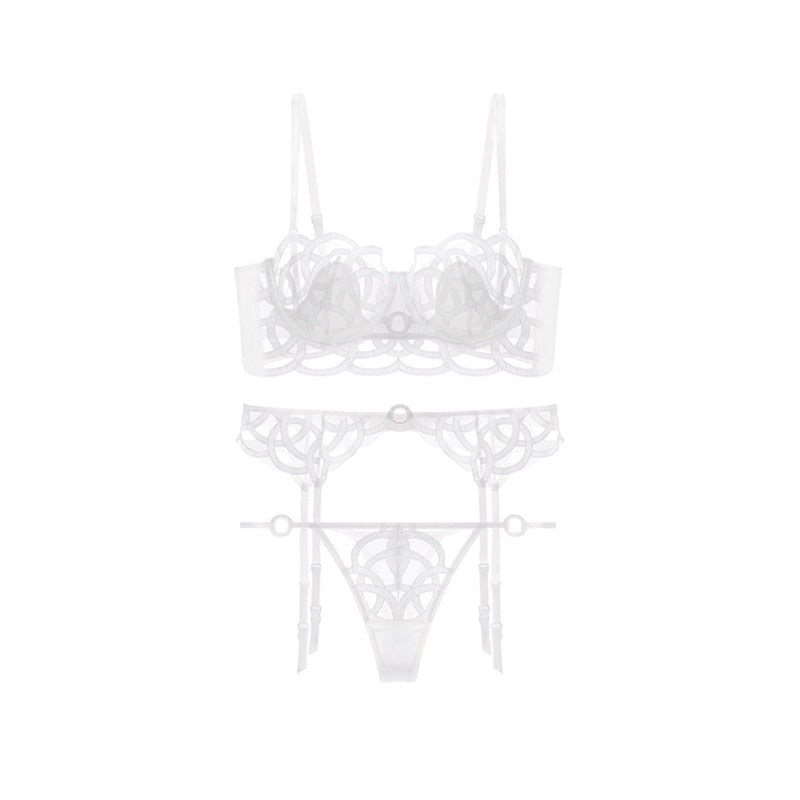 3-Piece Mesh-Insert Lingerie Set Adjustable Straps