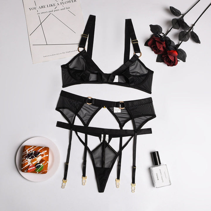 Mesh Lingerie Set with Belt Adjustable Straps