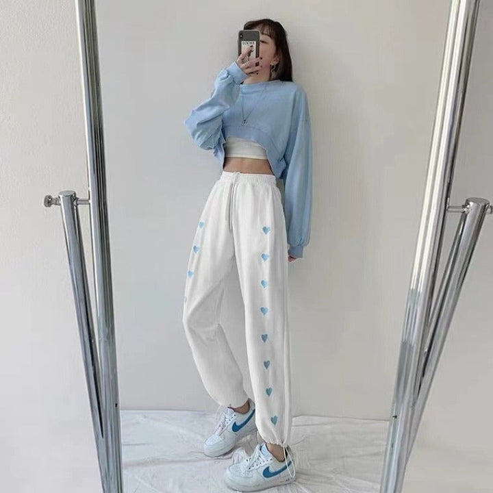 Heart Print Jogger Pants Tie Waist Pockets Cuffs
