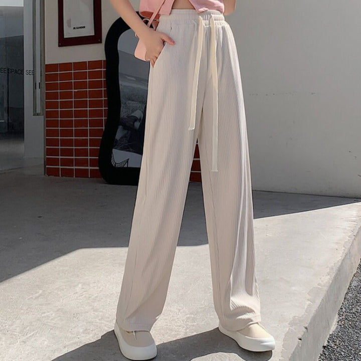 Straight-Leg Tie-Belt Ribbed Relaxed Pants