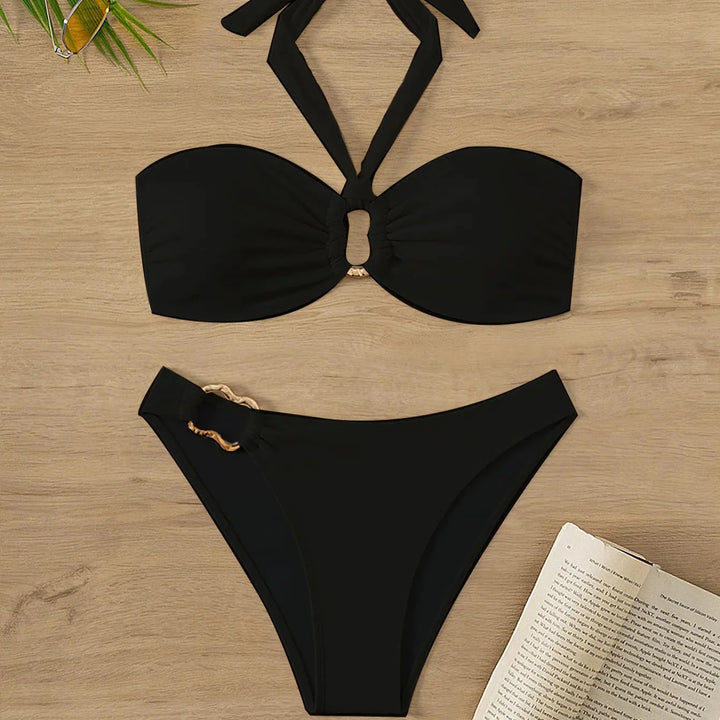 Bandeau Tie-Neck Metal Ring Bikini Set