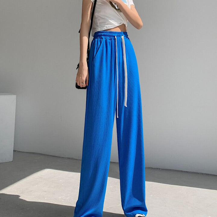 Straight-Leg Tie-Belt Ribbed Relaxed Pants