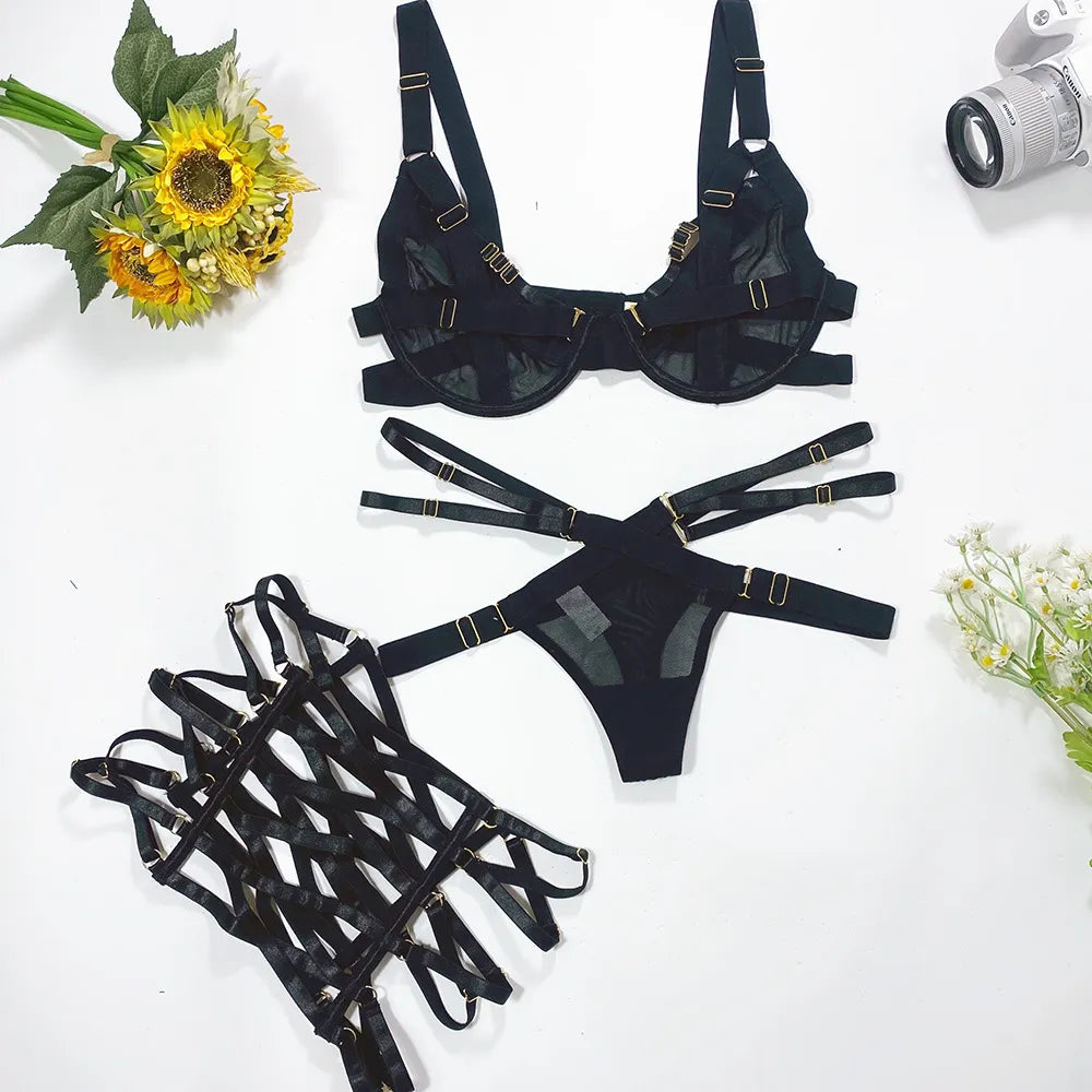 3-Piece 3/4-Cup Mesh Thong Lingerie Set