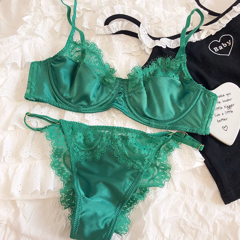Lace-Trim Underwire Bra and Thong Lingerie Set