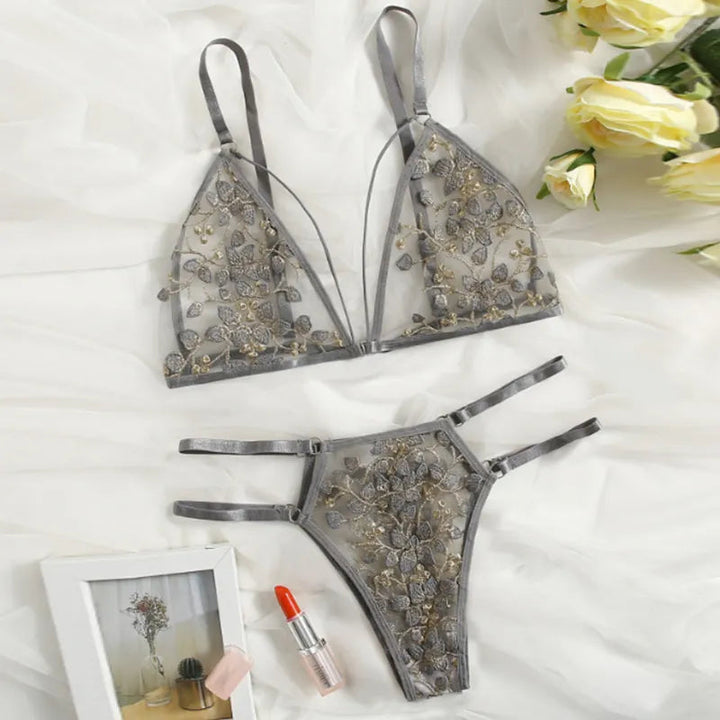 Embroidered Elastic-Waist Mesh Lingerie Set