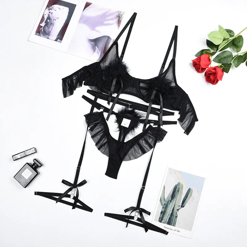 Mesh Ruffle and Pom-Pom Adjustable Lingerie Set