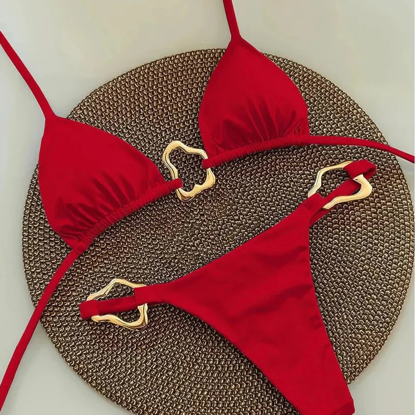 Minimalist Gold Buckle Tie-Neck Bikini