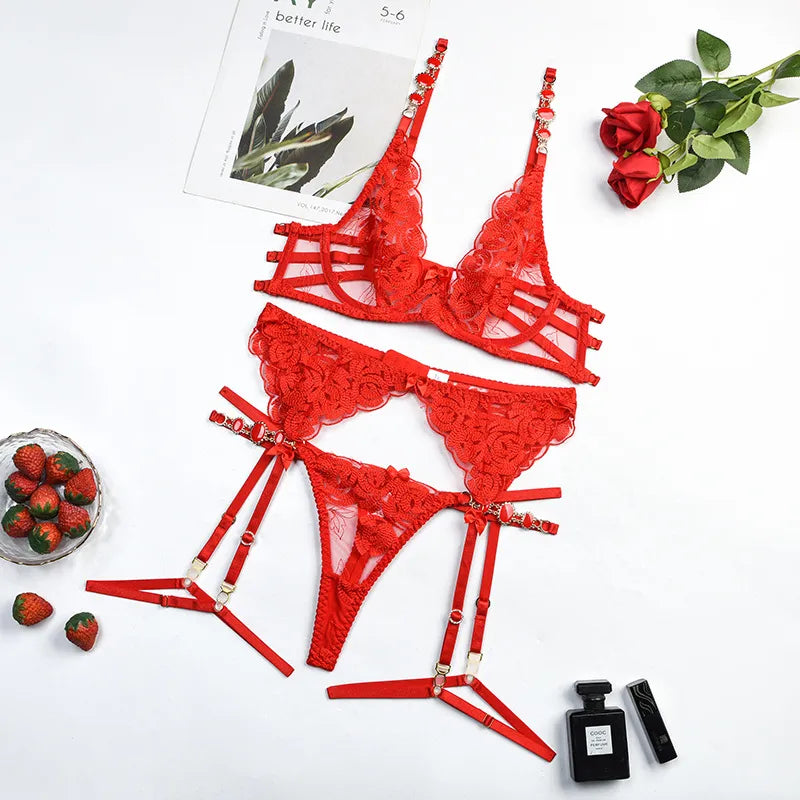 3-Piece Triangle Half-Cup Thong and Garter Set