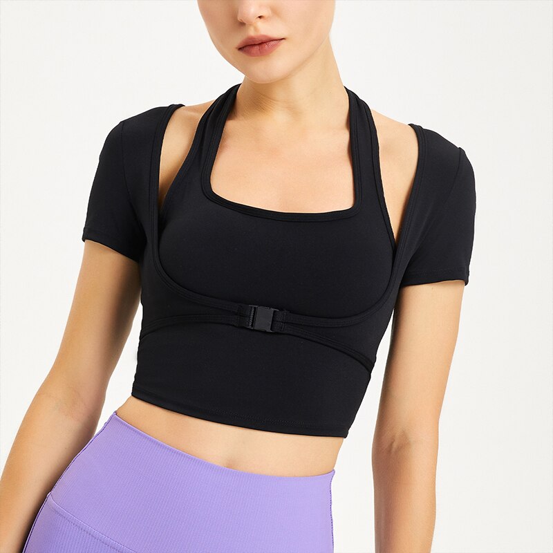 Short-Sleeve Sports Bra Top Stretch Waist-Flattering