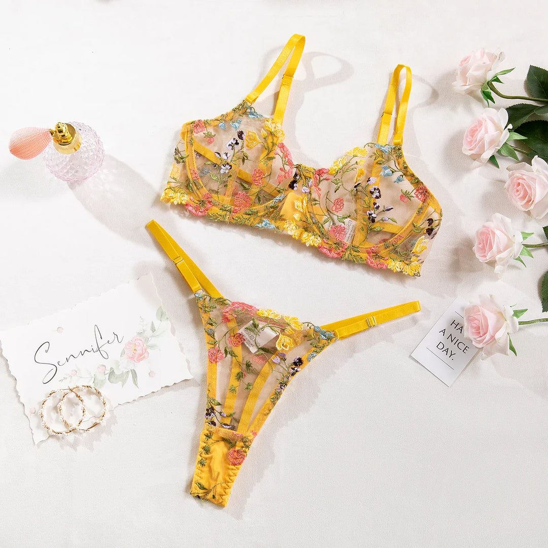 Embroidered Colourful Floral Lingerie Set
