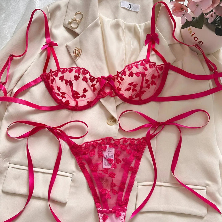 Embroidered Underwire Bra and Thong Lingerie Set