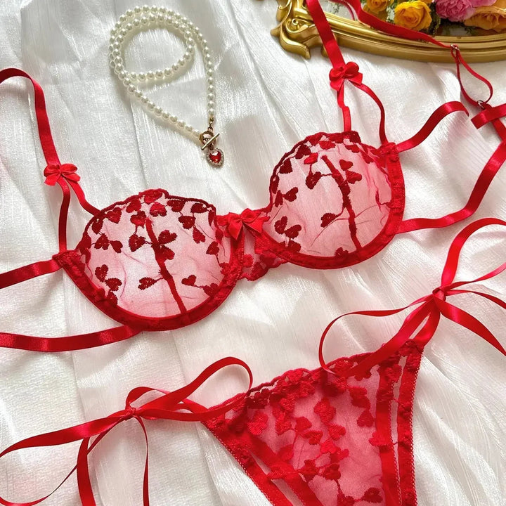 Embroidered Underwire Bra and Thong Lingerie Set