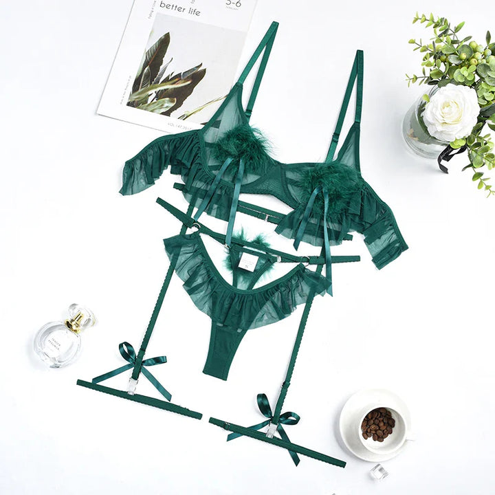 Mesh Ruffle and Pom-Pom Adjustable Lingerie Set