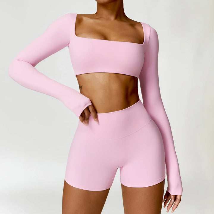 Push-Up Long-Sleeve Top and High-Waist Shorts Set