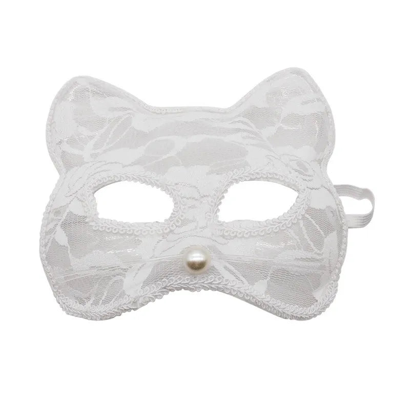 White Cat Lace Mask with Decorative Whiskers