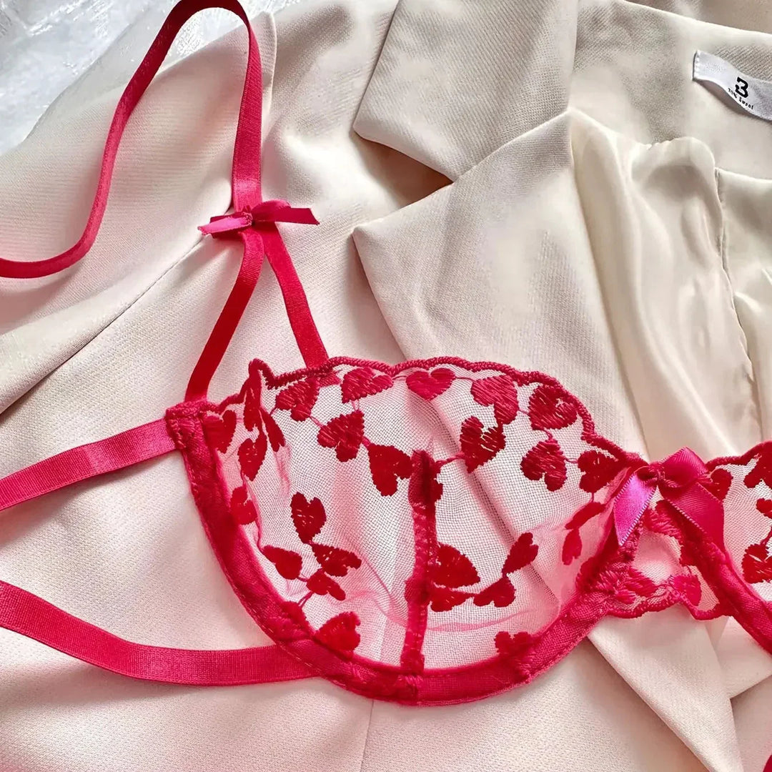 Embroidered Underwire Bra and Thong Lingerie Set
