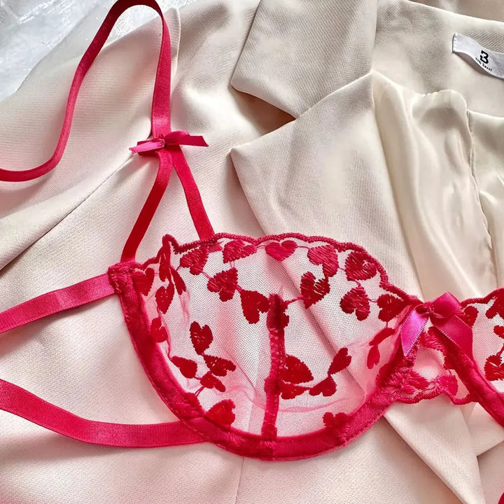 Embroidered Underwire Bra and Thong Lingerie Set
