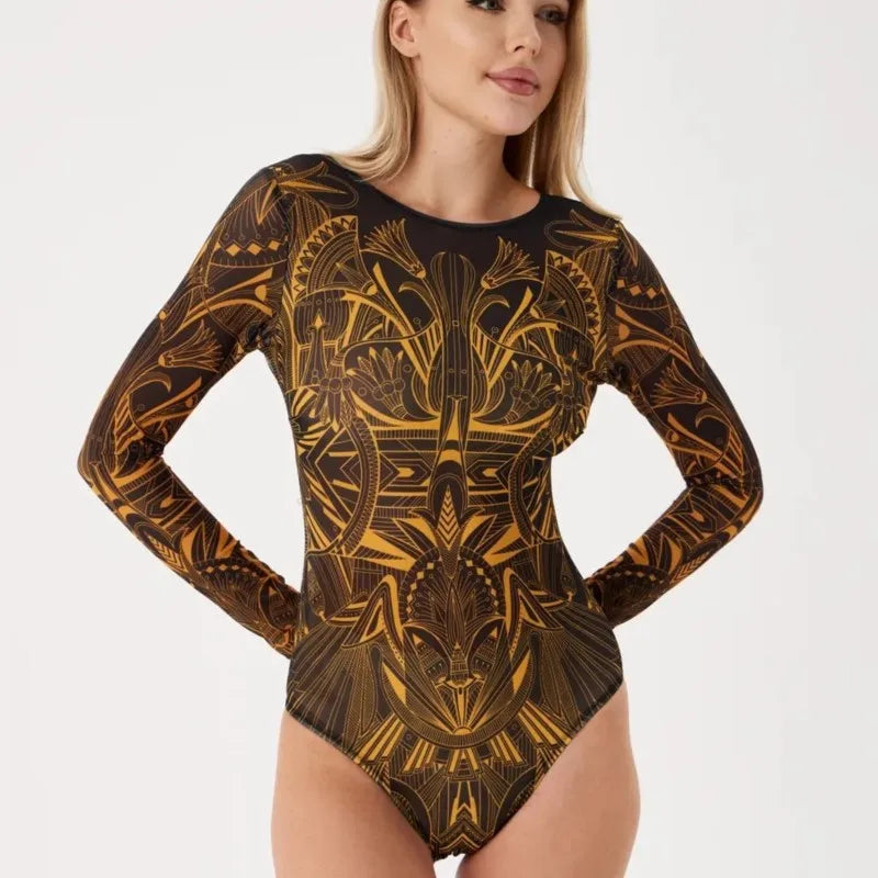 Long-Sleeve Oriental Print One-Piece Swimsuit