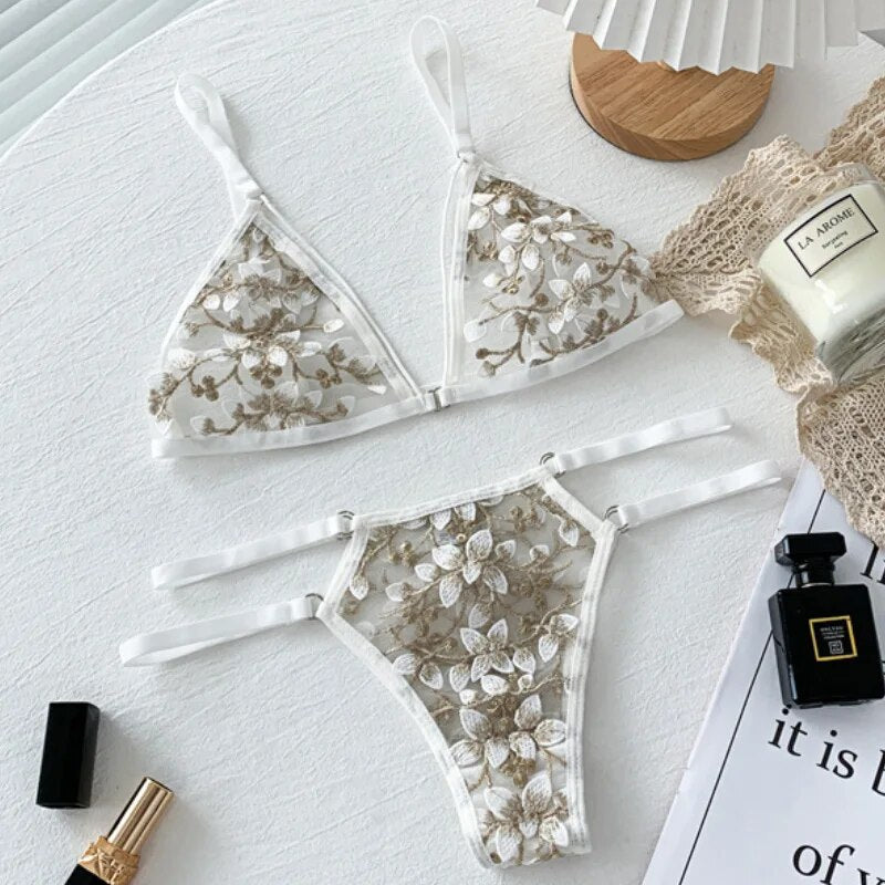 Embroidered Elastic-Waist Mesh Lingerie Set