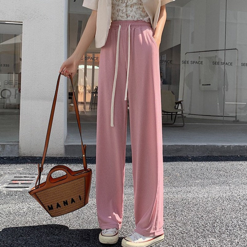 Straight-Leg Tie-Belt Ribbed Relaxed Pants