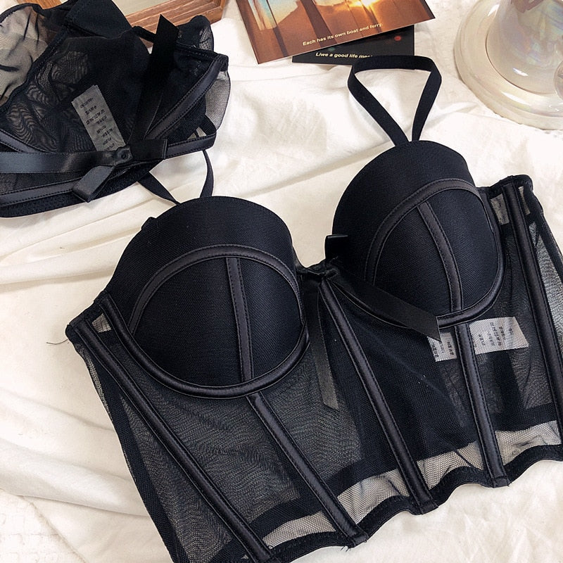 Corset-Style Mesh Lingerie Set with Bows