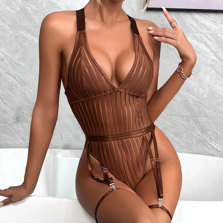 Geometric High-Leg Wide-Strap Garter Bodysuit