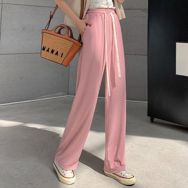 Straight-Leg Tie-Belt Ribbed Relaxed Pants