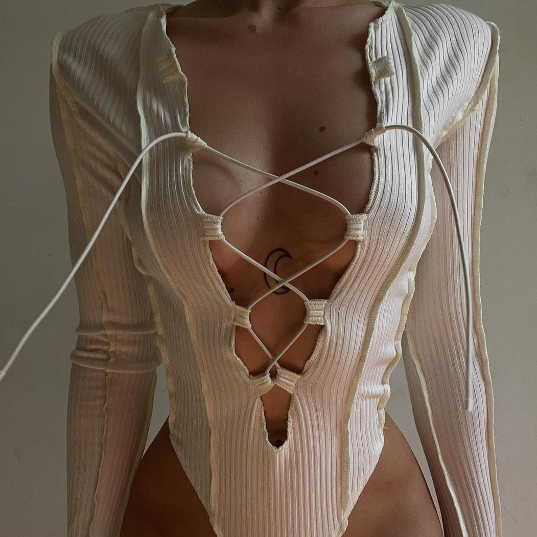 Tie-Neck Bodysuit Figure-Flattering Adjustable
