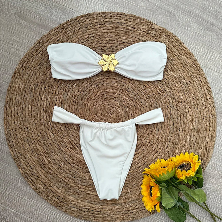 Strapless Bandeau Romantic Flower Bikini Set