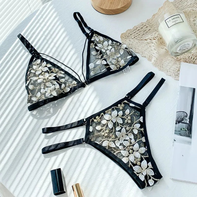 Embroidered Elastic-Waist Mesh Lingerie Set