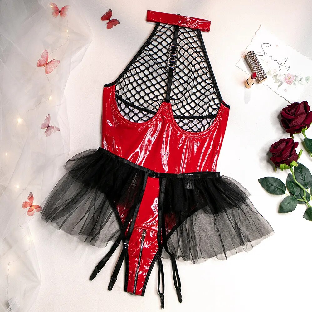 Shimmer Mesh Tulle Garter Open-Corset Bodysuit