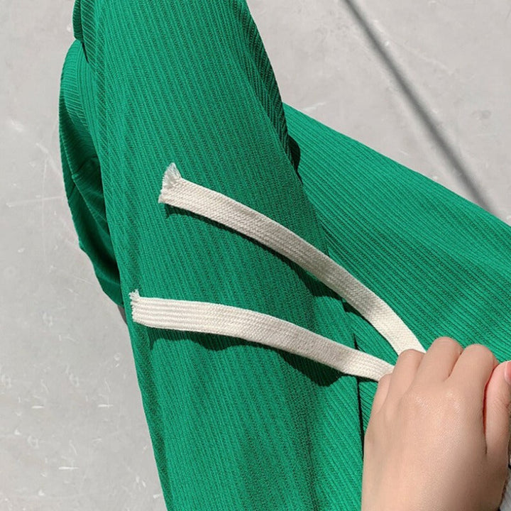 Straight-Leg Tie-Belt Ribbed Relaxed Pants