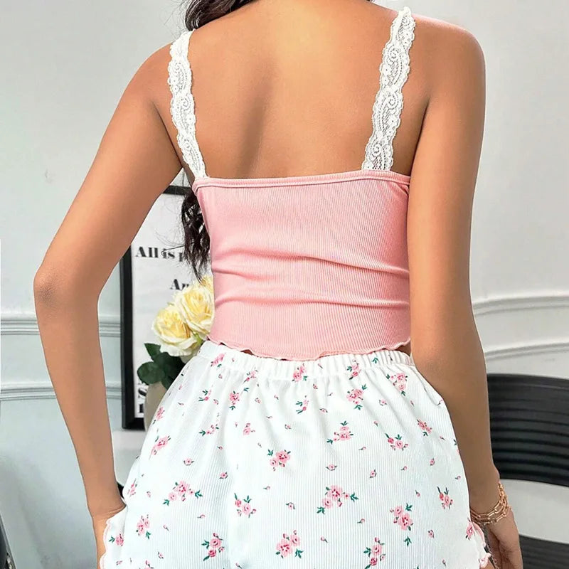Lace-Trim Floral Print Adjustable Pyjama Set