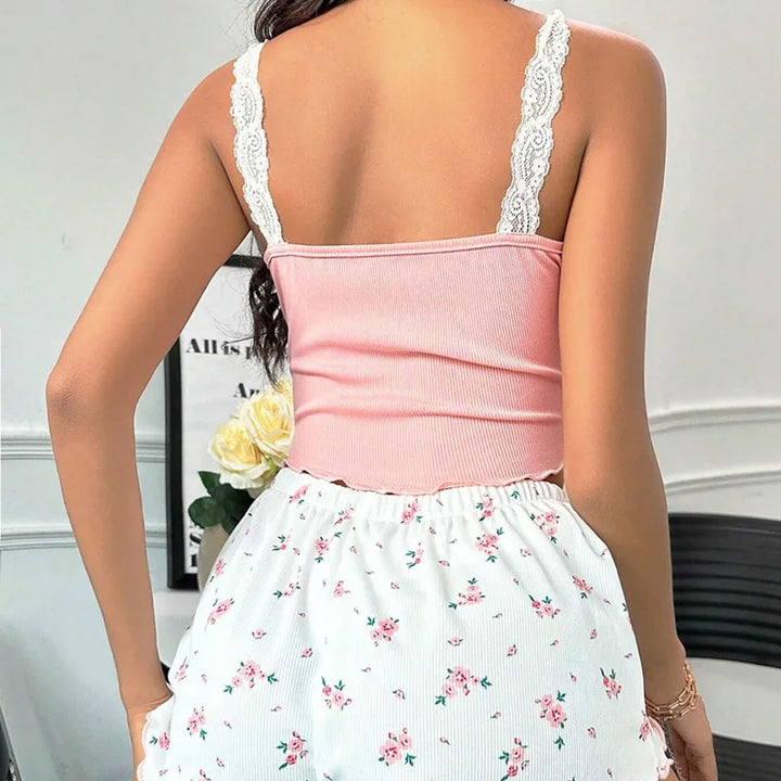 Lace-Trim Floral Print Adjustable Pyjama Set