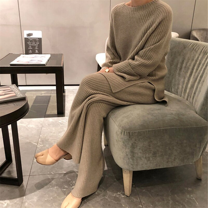 Ribbed Warm Sweater Straight-Leg Pants Relaxed Set