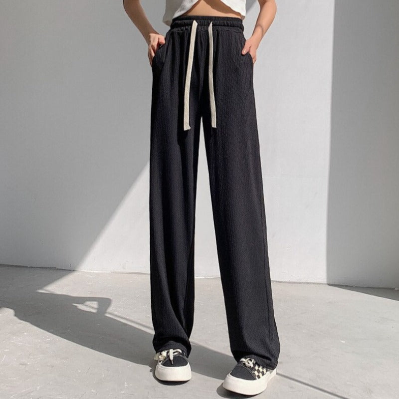Straight-Leg Tie-Belt Ribbed Relaxed Pants