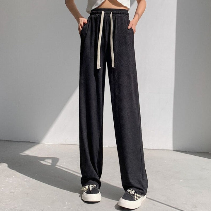 Straight-Leg Tie-Belt Ribbed Relaxed Pants