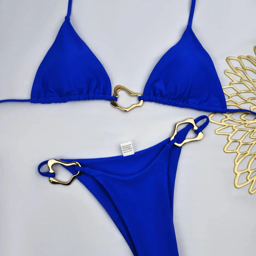 Minimalist Gold Buckle Tie-Neck Bikini