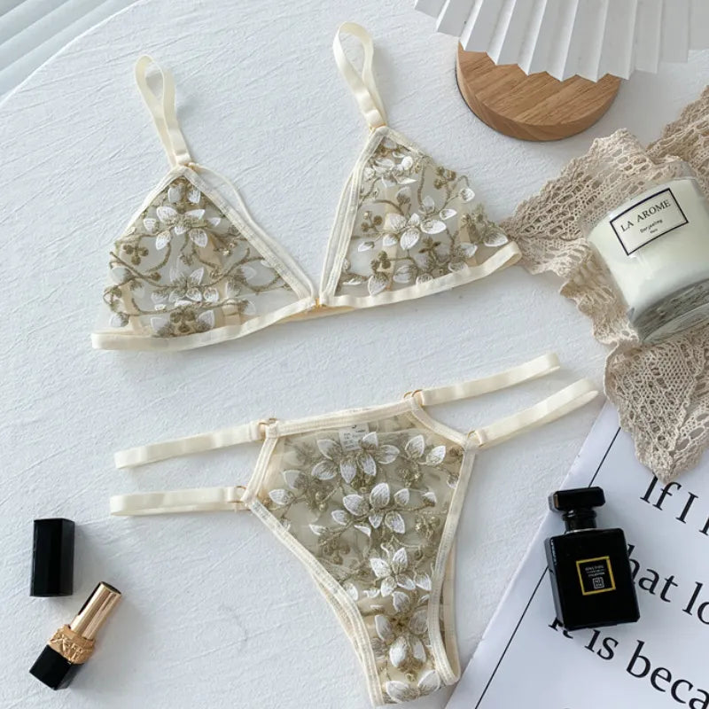 Embroidered Elastic-Waist Mesh Lingerie Set