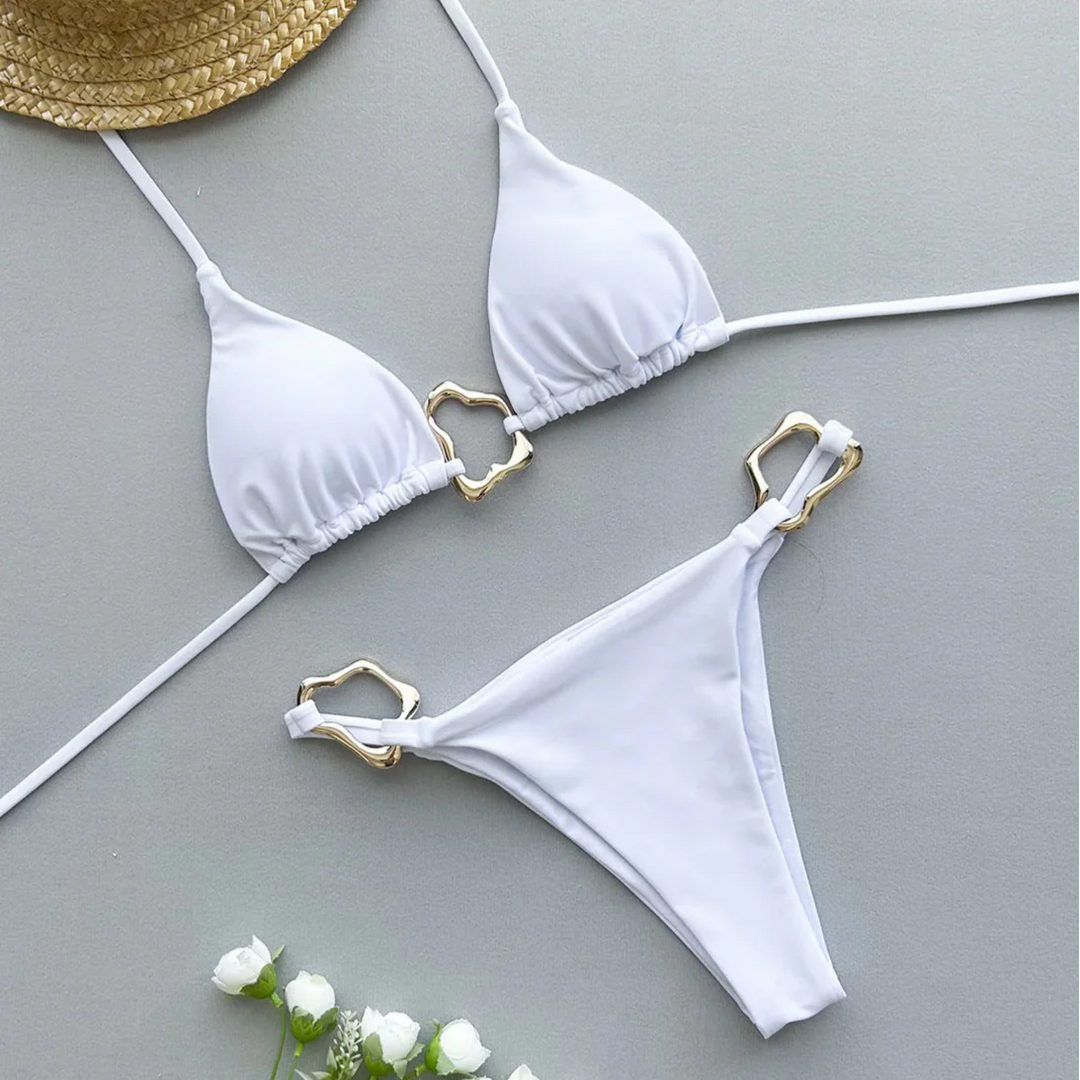 Minimalist Gold Buckle Tie-Neck Bikini