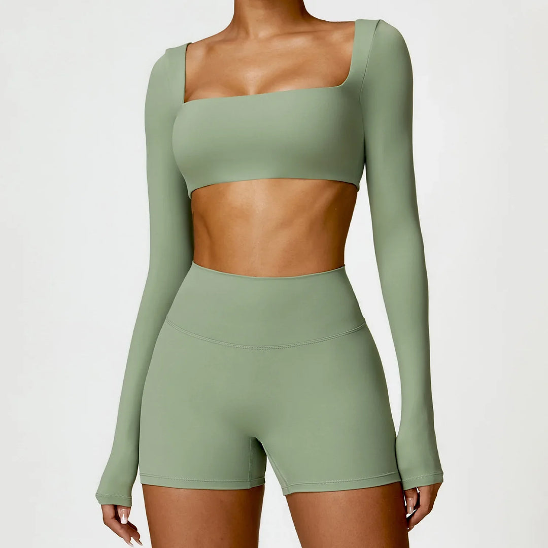 Push-Up Long-Sleeve Top and High-Waist Shorts Set