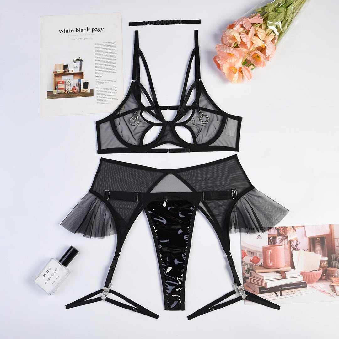Mesh Mesh Lingerie Set Metal Accents Adjustable