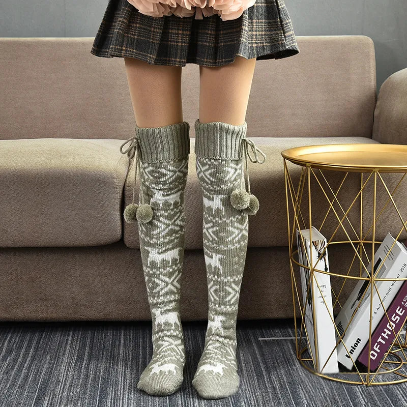 Christmas Pompom Over-the-Knee Winter Socks