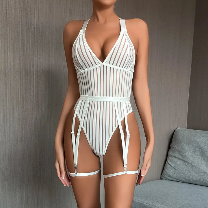 Geometric High-Leg Wide-Strap Garter Bodysuit