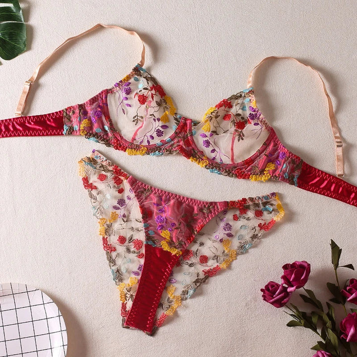 Floral Satin-Insert Mesh Lingerie Set