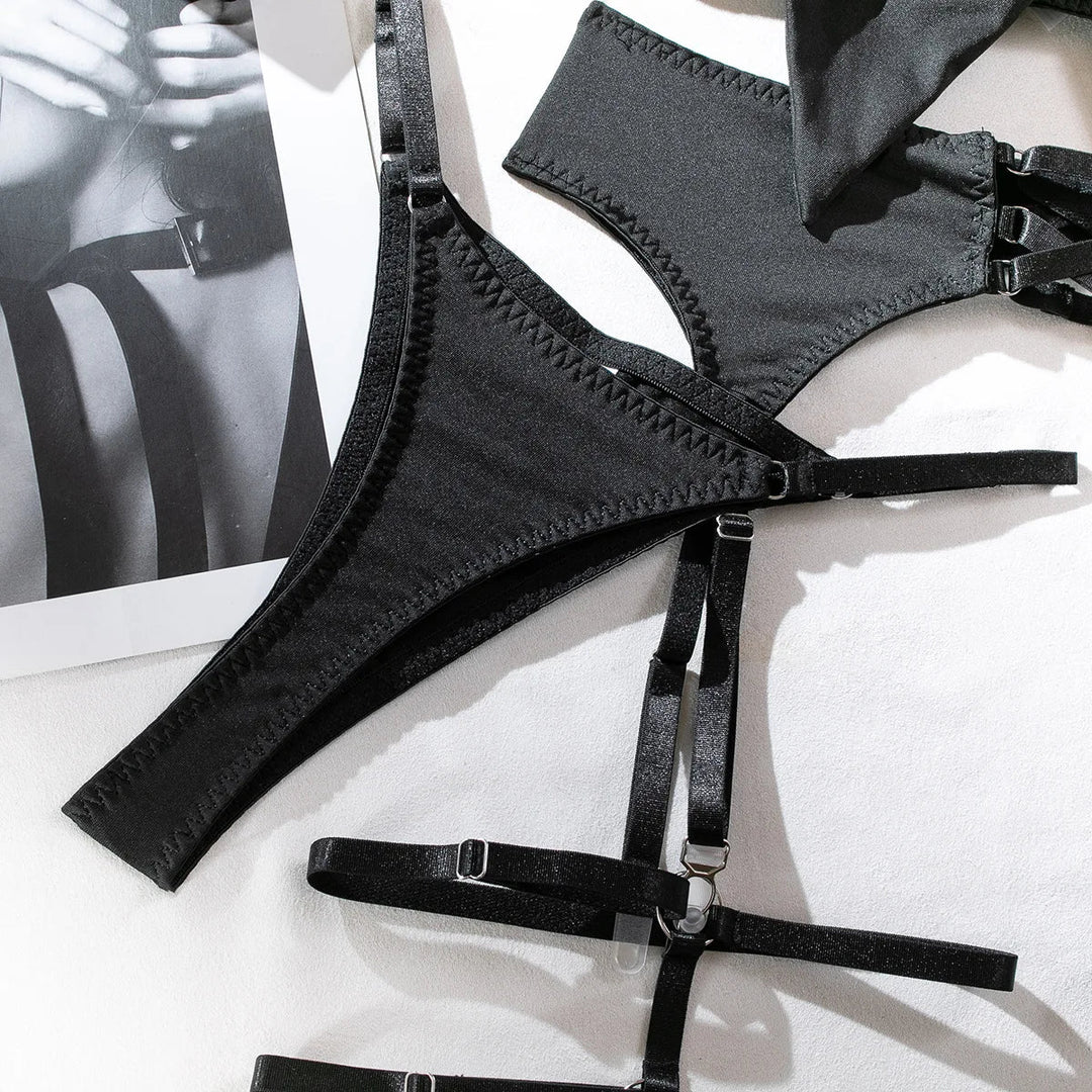 Lace Bra Thong Gloves and Garter Belt Set