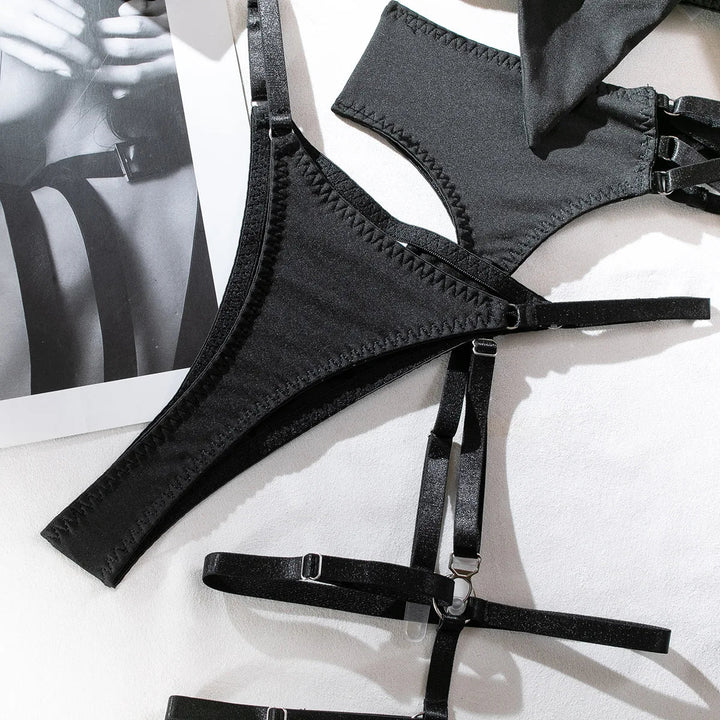 Lace Bra Thong Gloves and Garter Belt Set