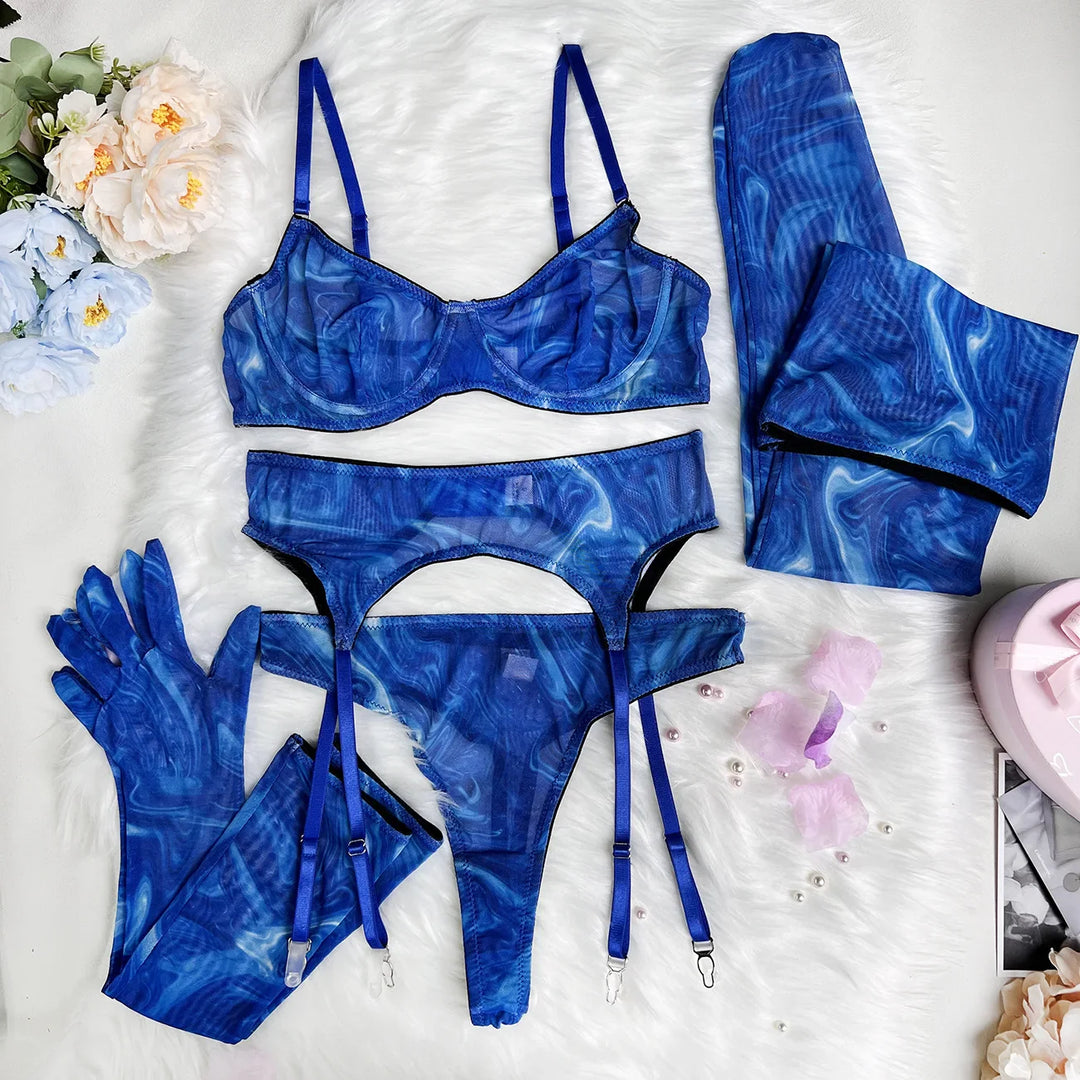 5-Piece Tie-Dye Mesh Thong Lingerie Set
